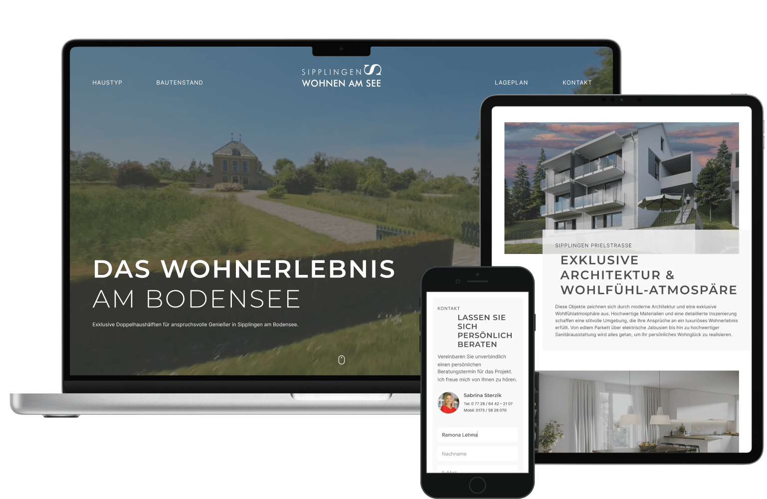 Complete mockup of the final responsive UX design for the Sipplingen 'Wohnen am See' real estate website, displayed across desktop, tablet, and mobile devices.